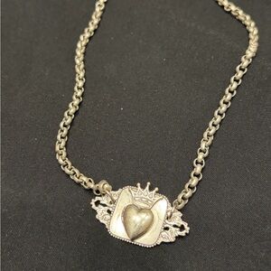 Sterling-Tone Heart & Crown Pendant Necklace Classic Hardware Y2K